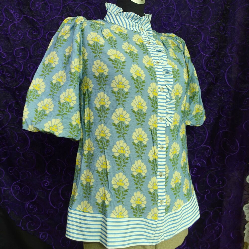 She & Sky Womens Sz Small Blouse Bubble Puff Sleeve High Neck Dopamine Feminine